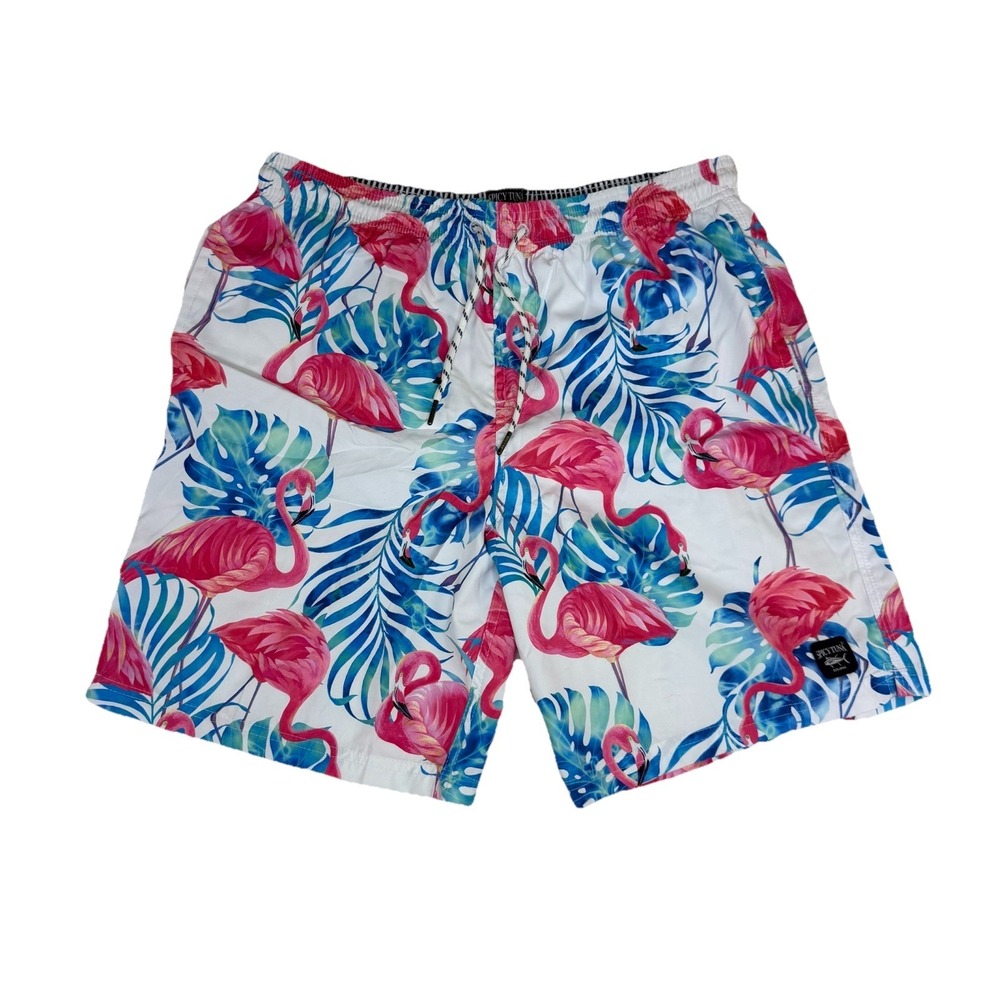 Spicy Tuna Men's Flamingo Swim Trunks Sz Large Tropical Blue Pink Lined L Shorts